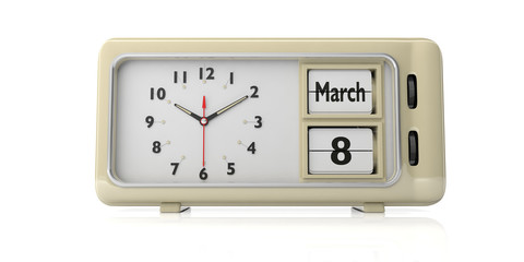 International womens day 8 March on old retro alarm clock, white background, isolated, 3d illustration.