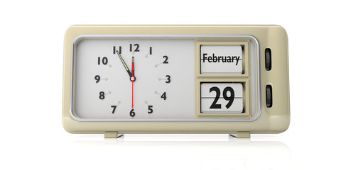 Leap Day 29 February on old retro alarm clock, white background, isolated, 3d illustration.