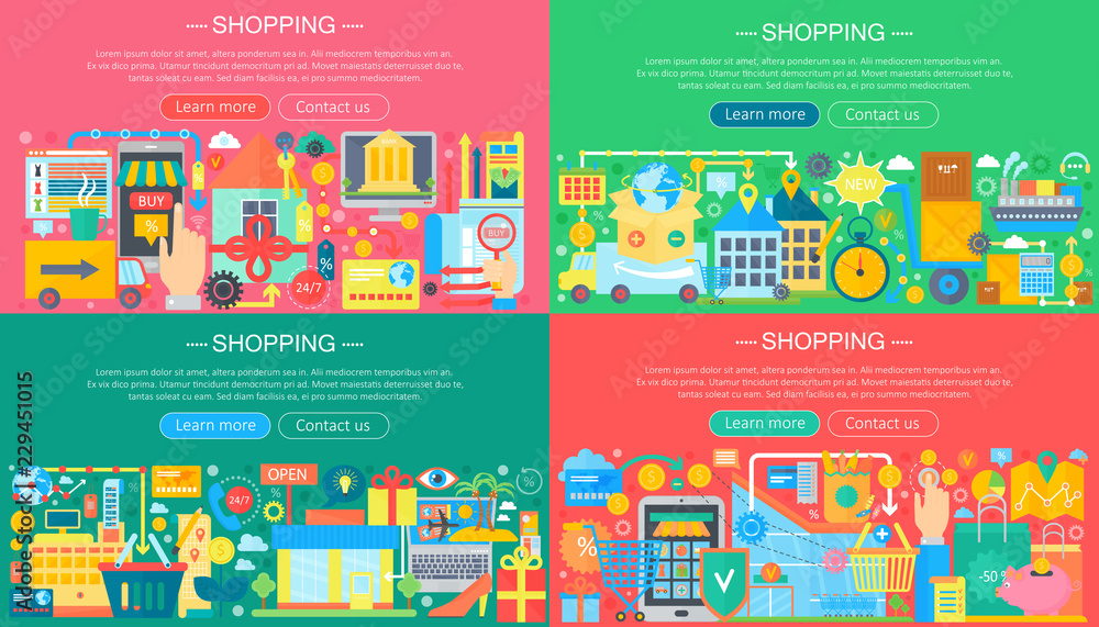 Poster online shopping and e-commerce concepts collection. online e commerce infographics template design, 