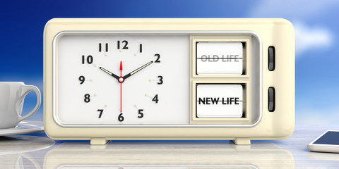 new life text on retro alarm clock, blurry background. 3d illustration.