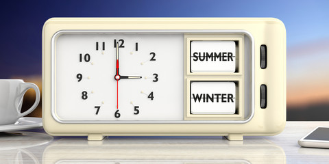 summer winter text on retro alarm clock, blurry sunset background. 3d illustration.