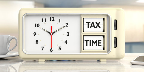 tax time text on retro alarm clock, blurry background. 3d illustration.