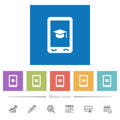 Mobile learning flat white icons in square backgrounds
