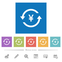 Yen pay back flat white icons in square backgrounds