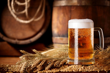 Mug of beer .With wheat and barley and barrels spikes on bakcground.Still life