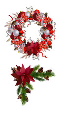 Christmas Wreath with ribbons, balls and bow isolated