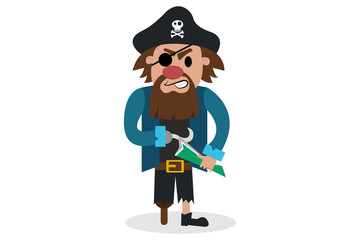 Angry pirate with wooden leg on white