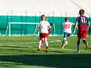 Junior football match. Soccer game for youth players. Boys in blue and white uniform playing soccer match. Football stadium and grassy field in the background