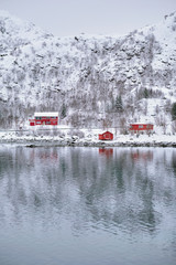Rd rorbu houses in Norway in winter