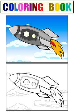 Transport space, rocket in the sky. Clouds and astronaut raster. Cartoon children coloring, color, black and white