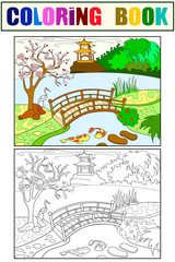 Nature of Japan color book for children cartoon. Japanese garden Coloring, black and white