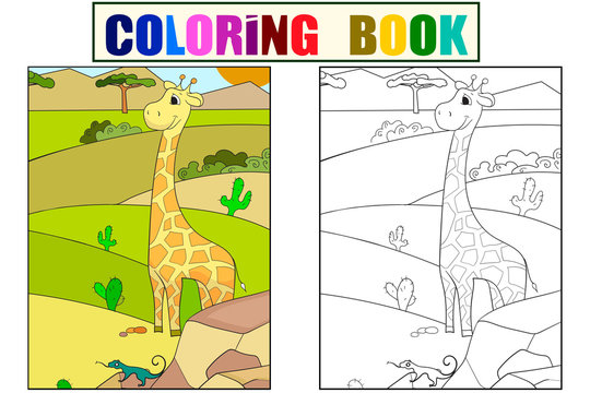 Children picture cartoon animal Safari. The giraffe is walking in the clearing. Raster Coloring, black and white