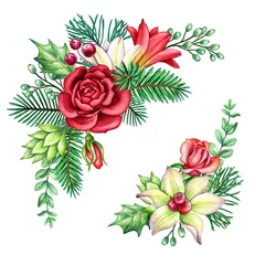 Zelfklevend Fotobehang Christmas floral design elements, holiday flowers, festive ornaments, botanical decor, red rose, white lilly, poinsettia, watercolor illustration, isolated on white background © wacomka