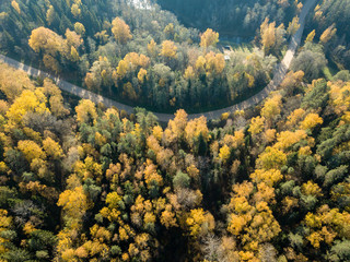 Naklejka na ściany i meble drone image. aerial view of rural area with gravel road in autumn colored fields and forests