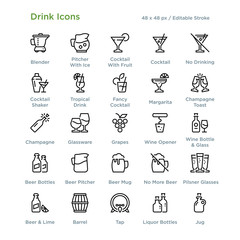 Drink Icons - Outline styled icons, designed to 48 x 48 pixel grid. Editable stroke.