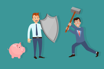 Businessman attacking opponent with hammer