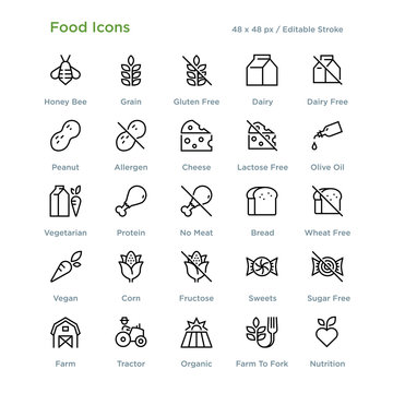 Food Icons - Outline styled icons, designed to 48 x 48 pixel grid. Editable stroke.