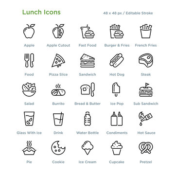 Lunch Icons - Outline styled icons, designed to 48 x 48 pixel grid. Editable stroke.