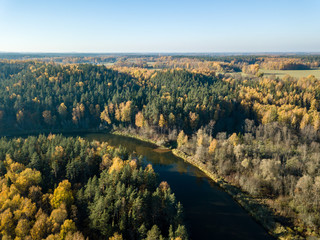 drone image. aerial view of wavy river in autumn colored forest