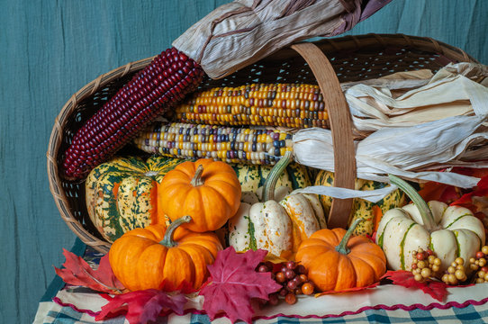 Pumpkins, Gourds and Corn... Oh My!  An image of a harvest basket over flowing with pumpkins, squash and colorful dried corn
