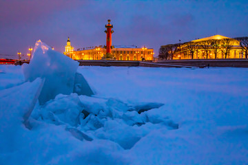 Saint Petersburg. Winter. Vasilyevsky Island. Neva river in the ice Petersburg in winter. Russia in the winter. Rivers and canals in Petersburg.