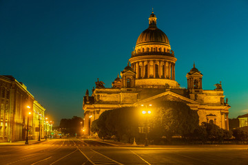 Saint Petersburg. Saint Isaac's Cathedral. night in Petersburg Night city. Streets in Petersburg. Russia. St. Isaac's Cathedral on a background of blue sky.