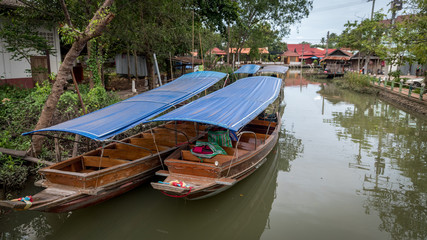 Fototapeta na wymiar Empty Canal Boats in residential area