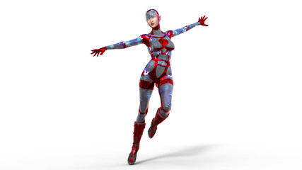 Android woman landing, female cyborg in armor isolated on white background, sci-fi girl, 3D rendering