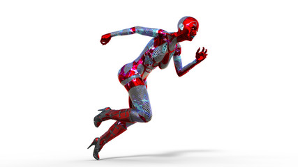 Android woman running, female cyborg in armor isolated on white background, sci-fi girl, 3D rendering