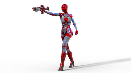 Android woman soldier, military female cyborg armed with gun walking and shooting on white background, sci-fi girl, 3D rendering
