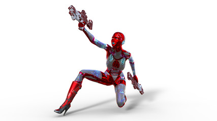 Android woman soldier, military female cyborg armed with guns kneeling and shooting on white background, sci-fi girl, 3D rendering