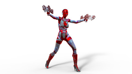 Fototapeta na wymiar Android woman soldier, military female cyborg armed with two guns shooting on white background, sci-fi girl, 3D rendering