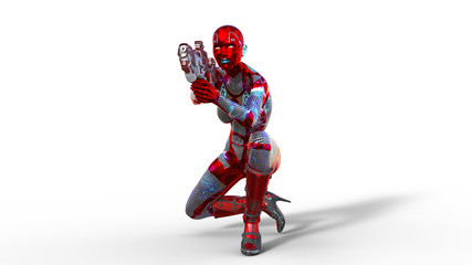 Android woman soldier, military female cyborg armed with gun crouching and shooting on the white background, sci-fi girl, 3D rendering