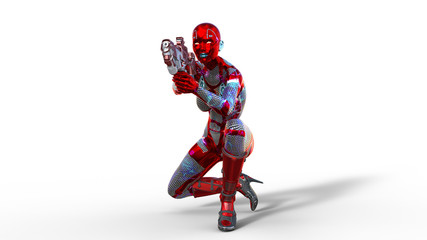 Fototapeta premium Android woman soldier, military female cyborg armed with gun crouching and shooting on the white background, sci-fi girl, 3D rendering