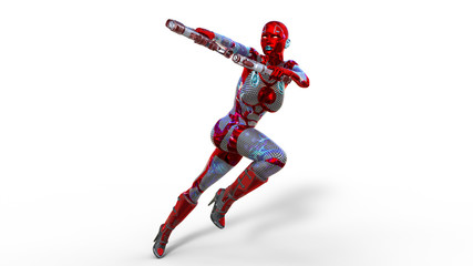 Naklejka na ściany i meble Android woman soldier, military female cyborg armed with guns running and shooting on white background, sci-fi girl, 3D rendering