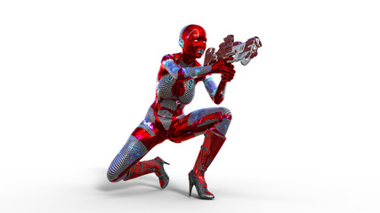 Fototapeta na wymiar Android woman soldier, military female cyborg armed with gun crouching and shooting on white background, sci-fi girl, 3D rendering