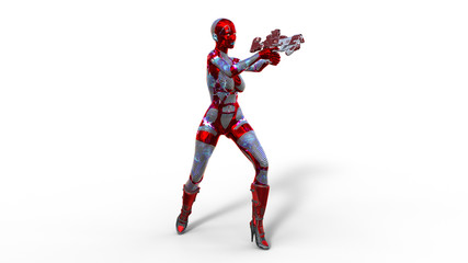 Android woman soldier, military female cyborg armed with gun standing and shooting on the white background, sci-fi girl, 3D rendering