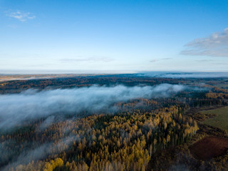drone image. aerial view of rural area with fields and forests covered in mist