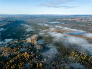 drone image. aerial view of rural area with fields and forests covered in mist