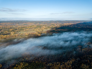 drone image. aerial view of rural area with fields and forests covered in mist
