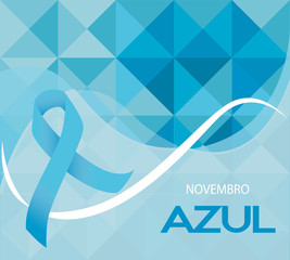 Novembro Azul is blue November in Portuguse. Blue ribbon vector. Prostate cancer awareness month ribbon on geometric background.