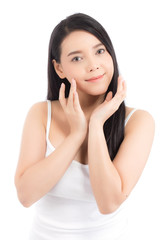 Portrait of beautiful woman asian makeup of cosmetic, girl hand touch cheek and smile attractive, face of beauty perfect with wellness isolated on white background with skin healthcare concept.