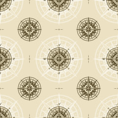 Seamless vintage nautical compass rose pattern. Vector illustration in retro woodcut style with clipping mask.