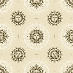 Seamless vintage sun compass rose pattern. Vector illustration in retro woodcut style with clipping mask.