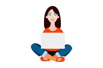 Woman with laptop on white