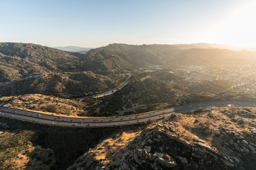 Aerial view of the Santa Susana Pass and Route 118 Freeway between Los Angeles and Simi Valley,...