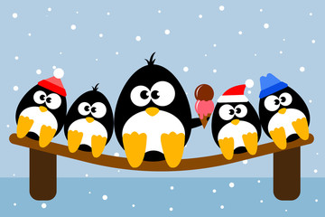 Penguins characters on a bench freezing, having cold, one of them eating ice cream