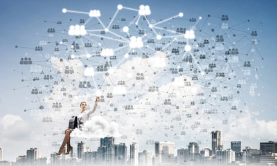 Elegant lady boss or accountant float on cloud and networking co