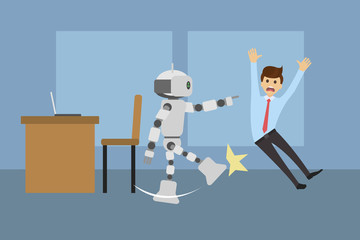 Replacement of human work concept. Robot employee kicks out, away a human worker from doing his computer job at office. Vector illustration horizontal