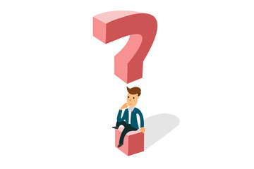 Young business man thinking, asking himself about next job or project career choosing concept. Isometric man in blue business suit sitting on a question mark isolated on white. Eps vector illustration